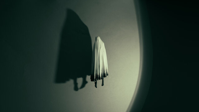 White Hooded Ghost Sheet Ghost Floating Phantom Spirit Apparition with Dramatic Shadow on Dark Wall Eerie Spooky Atmosphere 3D Illustration