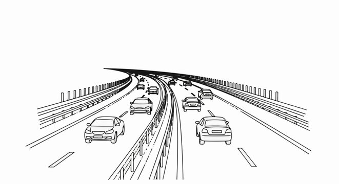 Cars driving on a multi-lane highway with guardrails and overhead structure