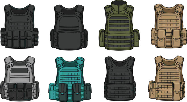 Military Tactical Bulletproof Vest and Body Armor Flat Vector Illustration Set with Different Colors Army Police Protection Gear Collection