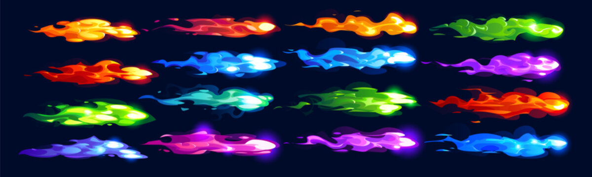 Plasma clots and comic gun fire effect vector trails in red, blue, green and purple flames. Fire streaks with dynamic movement and neon highlights. Plasma explosions and fire trails, flames and bursts