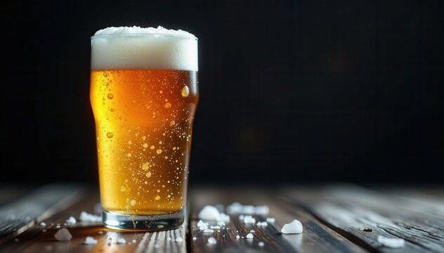 Icy condensation clinging to a frosty beer glass on dark wood , stein, pint, low light
