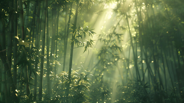 sunlight filtering through dense bamboo forest with lush green foliage