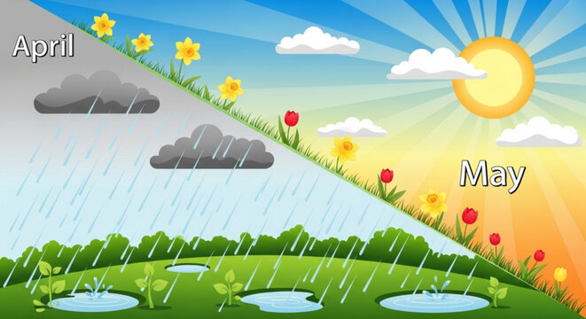April Showers to May Flowers: A vibrant illustration showcasing the transition from April showers to May blossoms, symbolizing the renewal of nature and the arrival of warmer weather.