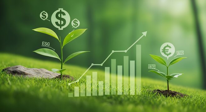 Green grass grows beneath a rising growth chart. Small plants sprout from soil, symbolizing progress. Currency icons float near the chart, showing financial growth