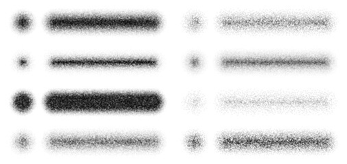 Fototapeta premium Noise grain brushes pack, strokes and dots set. Noise spray powder graffiti vector texture stroke, dust particle grungy airbrush gradient. Sand dot rough brush or grain wave paint shadow effect