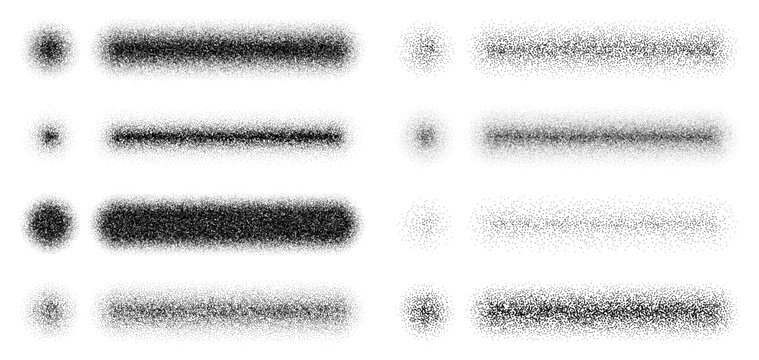 Noise grain brushes pack, strokes and dots set. Noise spray powder graffiti vector texture stroke, dust particle grungy airbrush gradient. Sand dot rough brush or grain wave paint shadow effect