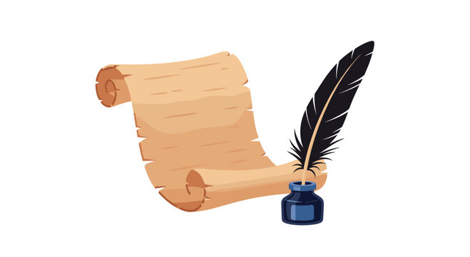 An ancient tan parchment scroll is displayed alongside a traditional dark blue glass inkwell and a sharp black feather quill for classical handwriting tasks.