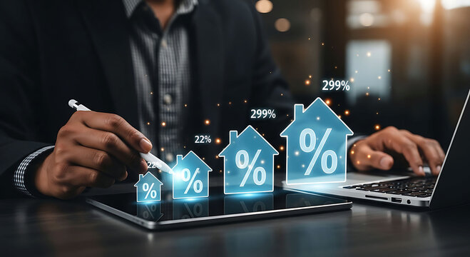 Businessman analyzing rising mortgage interest rates and real estate market growth