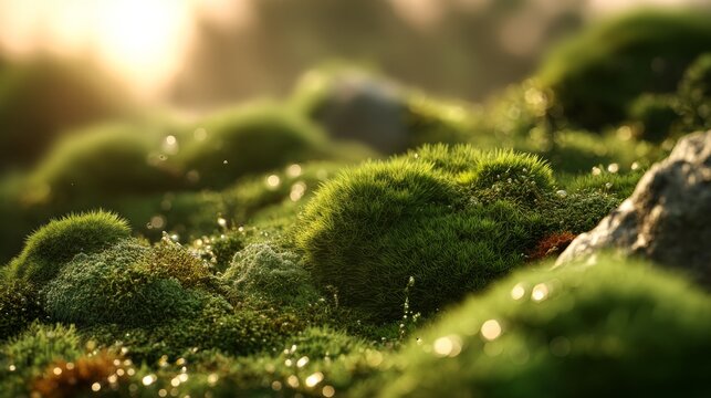 Lush green moss thriving in soft sunlight, creating a serene and tranquil atmosphere.