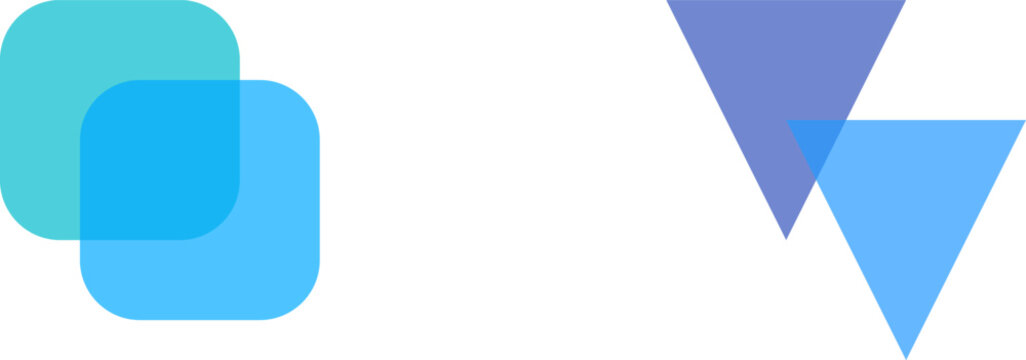 Minimalist blue geometric logo icons featuring overlapping rounded squares and sharp triangles on white illustration