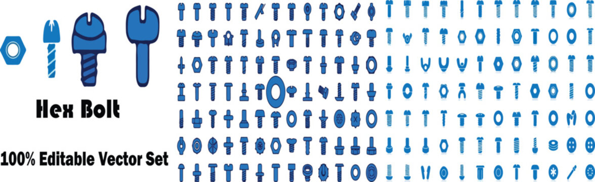 Industrial hex bolt icons set, blue hardware fastener vector collection, mechanical screw and nut symbols for engineering and construction projects