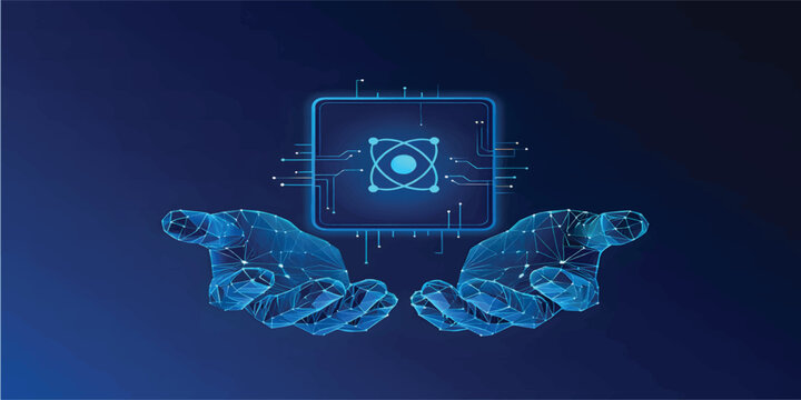 Two Digital Hands Holding AI chip with nuclear atom icon with circuit. Blue Low Poly Wireframe Illustration on Dark Blue Background. Science and Technology Innovation Concept.