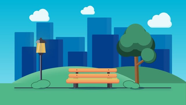 Flat Design Animation of a City Park with Bench Tree and Glowing Street Lamp against Urban Skyline