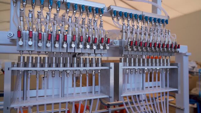 Full view of industrial automated filling station with multiple dosing nozzles