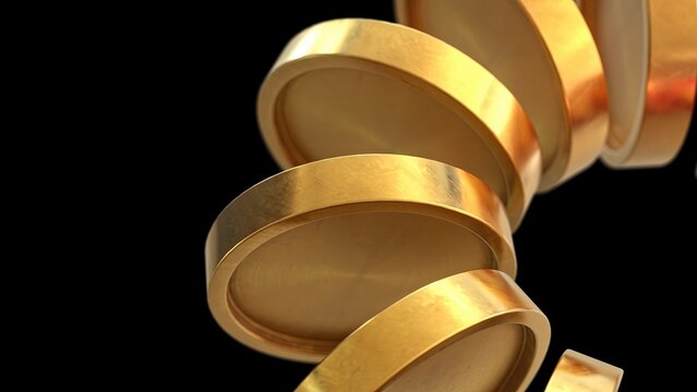 Gold coins, distributed in circular form, display polished metallic surfaces with warm specular highlights on a black backdrop. Each unmarked disc rests at varying angles, suggesting wealth