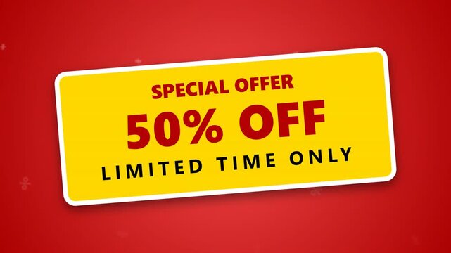 A vibrant yellow banner with a special offer for 50% off, available for a limited time only, set against a bright red background.