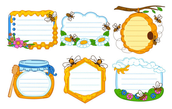 Honey and bee characters kids memo note with honey frames. Beekeeping apiary vector memo note, agriculture sticker. Farm honey kids diary label with bees flying around hive, jar, flowers and clouds