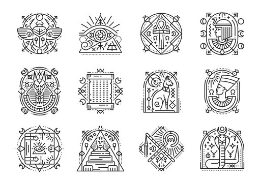 Egyptian esoteric and boho tattoo, Gods and sacred symbols. Ancient Egypt vector line icons of egyptian scarab, horus eye, pharaoh, cat and cleopatra. Pyramid and ankh tattoos with outline ornaments
