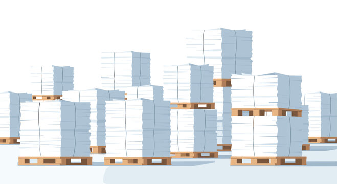 Multiple tall stacks of pristine white paper sheets are meticulously piled onto sturdy wooden shipping pallets across a clean and bright industrial floor.