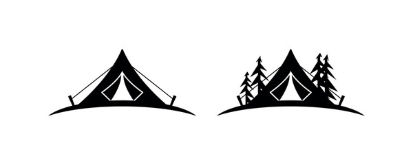 Camping tent icon with forest pine tree silhouette © akib