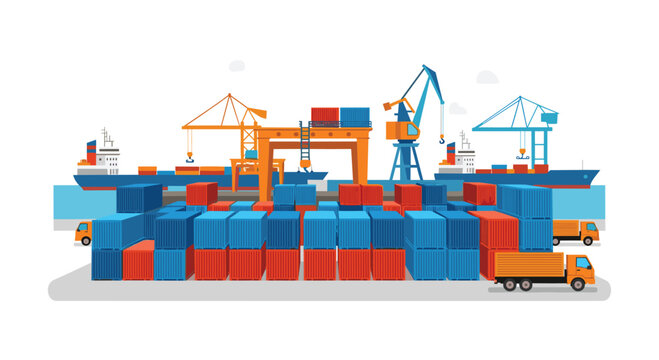 A bustling industrial shipping port features numerous blue and orange cargo containers being moved by large yellow cranes onto massive blue transport ships.