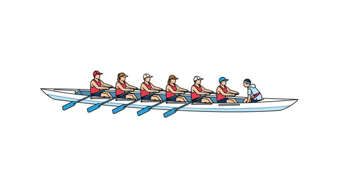 A professional team of six rowers and one coxswain are positioned in a long white racing boat with blue oars against a pristine white minimalist background.