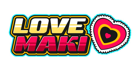 Japan cuisine maki sushi love retro Y2K sticker or tag. Sushi dish Y2K sticker, Asian menu meal vintage vector label. Japan seafood delicacy patch with metal glossy typography and sushi heart © Vector Tradition