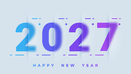 Modern and minimal New Year 2027 illustration featuring transparent glass effects. The design uses a clean gradient from blue to purple, with elegant typography and futuristic decorative elements. © Tuba Reza