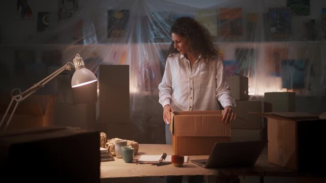 Small business owner preparing an online order by placing products into a cardboard box for shipping.