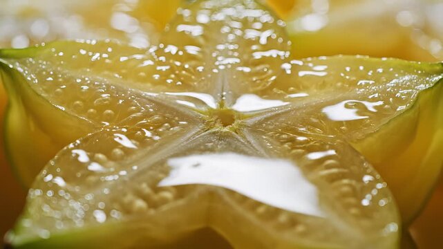 Closeup of Star Fruit Slices with Water Droplets and Syrup Drizzle.