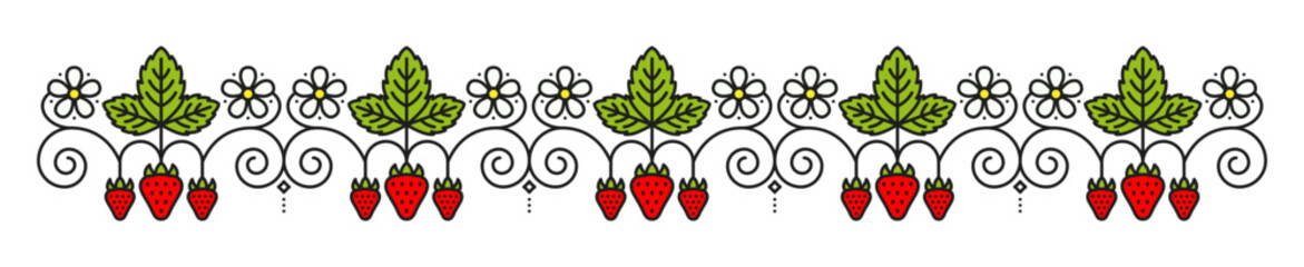 Farm sweet strawberry divider or spacer. Forest plant spacer, farm berry divider. Ripe strawberry decoration border © Vector Tradition