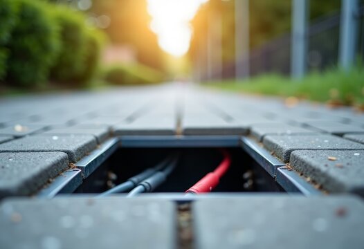 Open utility access point in paved walkway revealing electrical cables, with blurred greenery and sunlight in the background creating a serene outdoor setting