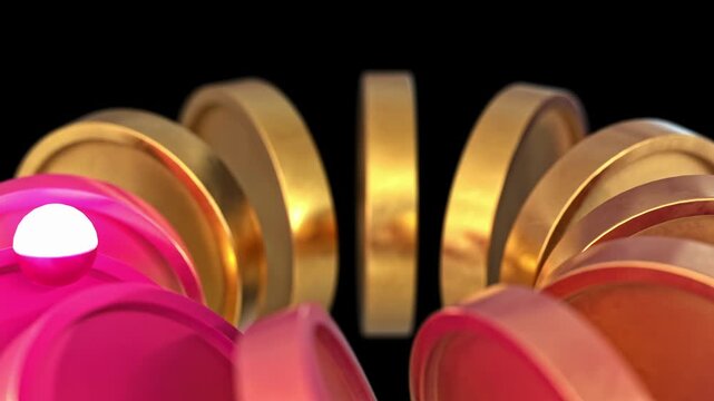 Gold coins, distributed in circular form, appear as metallic gold and magenta discs arranged in a flowing curve. A luminous sphere interacts with the discs in a dark digital render, evoking financial