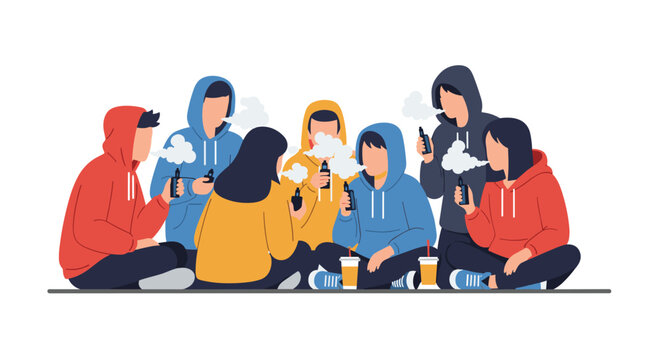 Diverse group of seven teenagers wearing vibrant hooded sweatshirts sit in a circle on the floor while exhaling thick white clouds of electronic vapor.