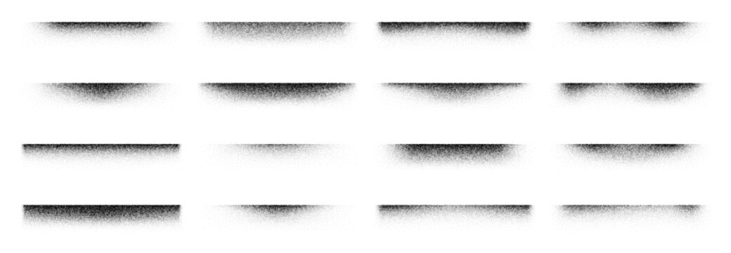Noise dot grain edge shadow. Vector set of halftone gradient grainy overlays in horizontal rectangular shapes. Black stippled textures for realistic shading and soft monochrome retro vignette effects