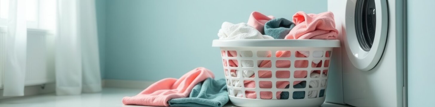Overfilled laundry basket beside sleek white washing machine , overflow, home cleaning