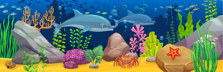 Underwater landscape game background with dolphins. Marine world vector cover, coral reef underwater landscape. Sea bottom background with dolphins and crab character, seaweeds and corals, fish school © Vector Tradition