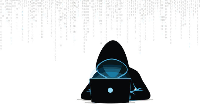A mysterious hooded figure operates a laptop computer while surrounded by cascading digital binary code sequences against a bright and sterile white backdrop.