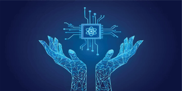Two Digital Hands Holding AI chip with nuclear atom icon with circuit. Blue Low Poly Wireframe Illustration on Dark Blue Background. Science and Technology Innovation Concept.