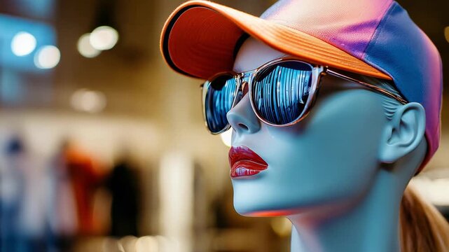 A female mannequin displays sunglasses and a cap inside a retail space during daylight hours while shoppers browse around
