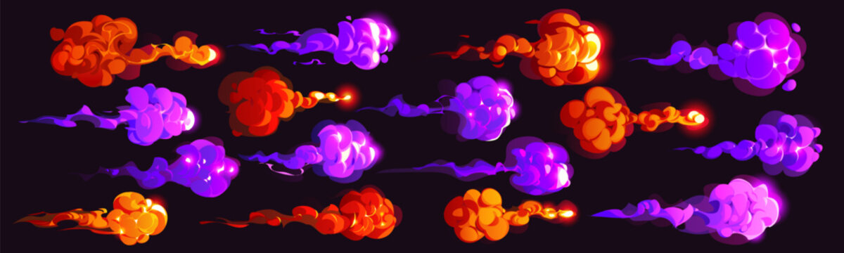 Cartoon magic red and purple smoke effects. Glowing red flames and mystical purple fumes, clouds and neon magic vapor. Vector fantasy explosion splashes for games