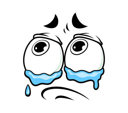 Cartoon sad and crying face with large tearful eyes, downturned brows and sorrowful expression. Vector funny face emotion for social media reactions, educational materials or child psychology guides