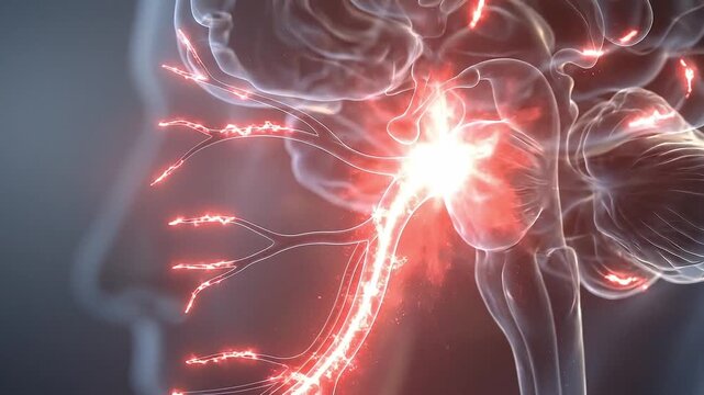 Migraine pain nerve pathway in brain anatomy, neurology medical concept showing glowing cranial trigeminal neuron signal in transparent head side view with headache inflammation symptoms illustration