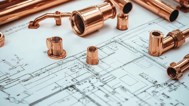 Copper pipes and connectors rest on top of detailed blueprints for plumbing in a building project being planned