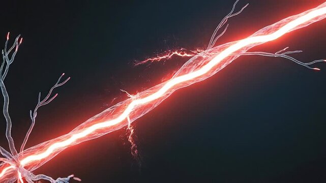 Migraine pain nerve pathway with electric impulse lightning red energy, neuron axon synapse neural network glow dark background, brain neurology anatomy concept for chronic headache research