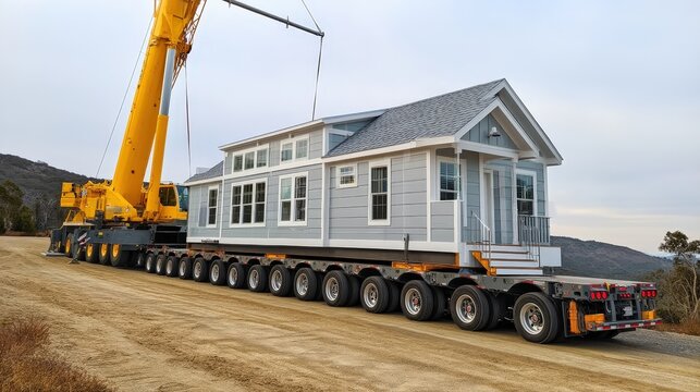 A large crane lifts a modern tiny house onto a multi-axle trailer for transport on a rural dirt road.