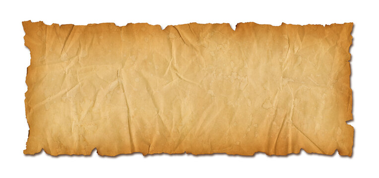 Old crumpled mediaeval Parchment paper scroll isolated on white