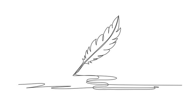 Self drawing line animation Retro inkwell and feather continuous one single line drawn concept,Inkwell and pen continuous line drawing. One line feather