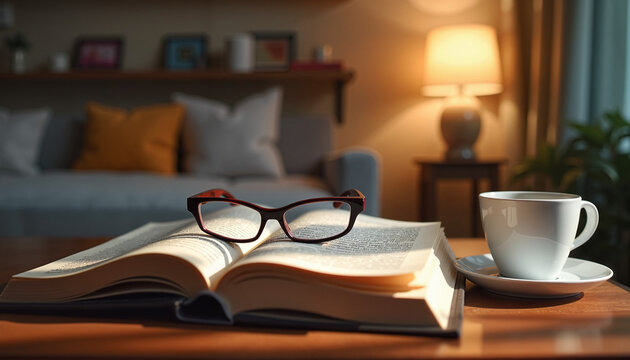 Cozy indoor reading corner with coffee and glasses, comfort and relaxation
