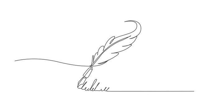Self drawing line animation Retro inkwell and feather continuous one single line drawn concept,Inkwell and pen continuous line drawing. One line feather